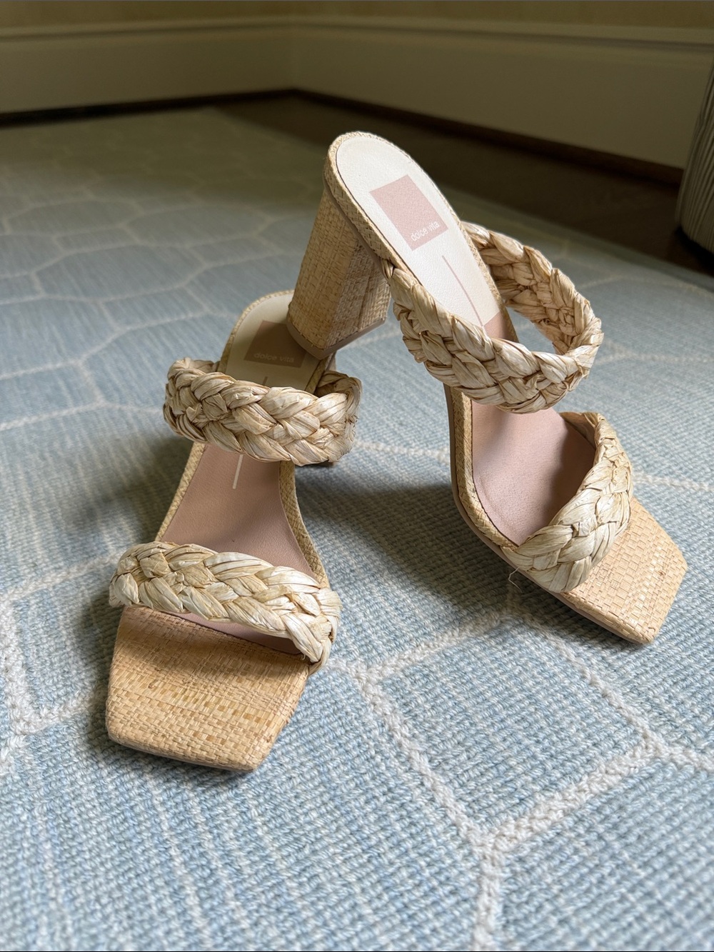 Dolce Vita Braided Straw Block Heel Sandals - Natural Beige